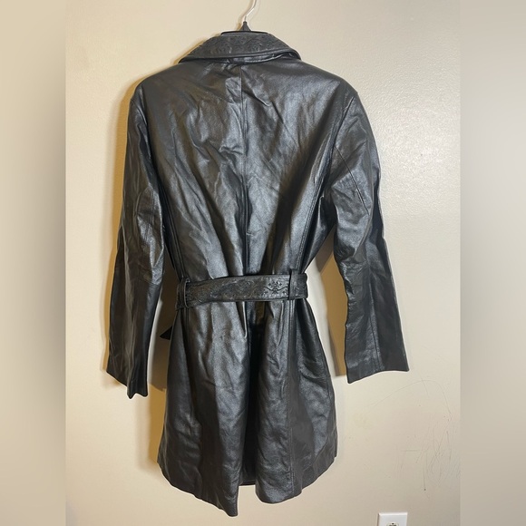 Seventh Avenue 100% Leather Floral Detail Collared Belted Trench Coat L - Picture 4 of 5